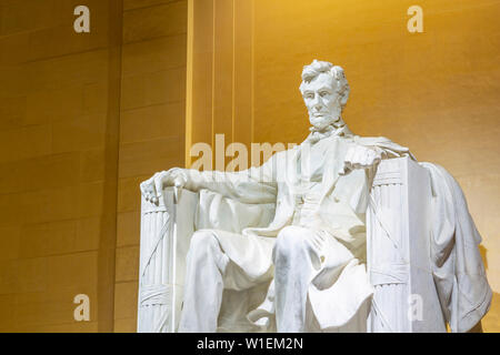 View of Lincoln statue in the Lincoln Memorial at night, Washington D.C., United States of America, North America Stock Photo