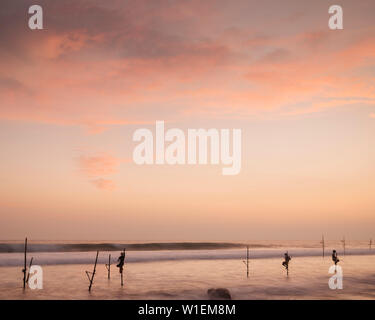 Stilt Fishermen at dusk, Weligama, South Coast, Sri Lanka, Asia Stock Photo