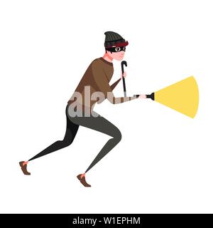 Running thief during robbery with a crowbar and a luminous flashlight cartoon character design flat vector illustration. Stock Vector