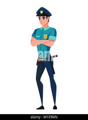 Police officer wearing dark blue pants light blue shirt cartoon character design flat vector illustration. Stock Vector