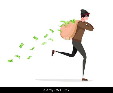 Running thief during robbery with bag money pours from the bag cartoon character design flat vector illustration. Stock Vector