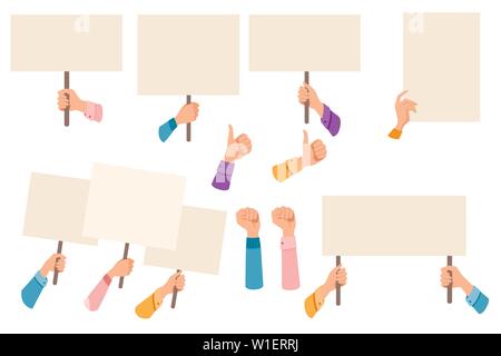 Set hands holding blank placard. Copy space for text. Poster empty ...