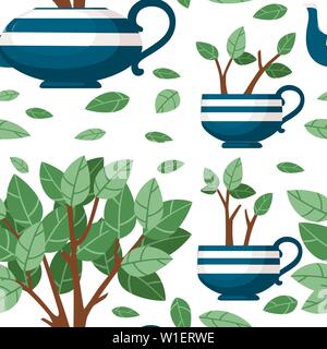 Seamless pattern blue ceramic teapot and two cup with tea bush growing out of it flat vector illustration on white background. Stock Vector