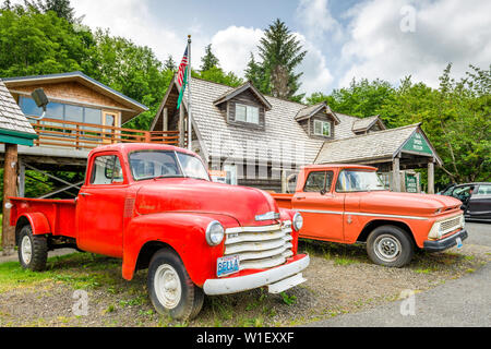 FORKS, WASHINGTON - JUNE 27, 2018: The red trucks from the Twilight series. The town was the setting for the films. Stock Photo