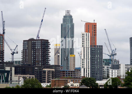 Nine Elms regeneration area Embassy Guardians by Saint George Wharf Tower in south London. June 26, 2019 Stock Photo