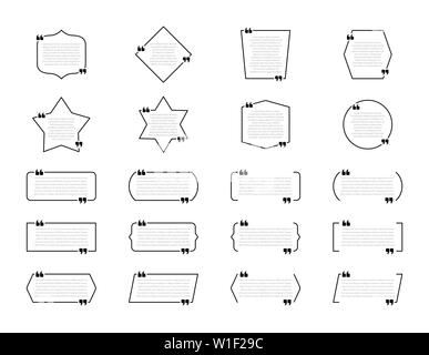 Set of quote boxes. Speech bubbles, blank frames for citations isolated on white background Stock Vector