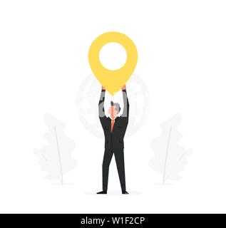 Businessman holding map pointer over his head. Navigation, delivery, office location illustration design. Stock Vector