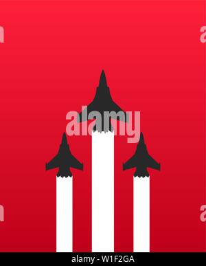 Three military fighter jets with white trails on red background. Aircraft show vector illustration Stock Vector