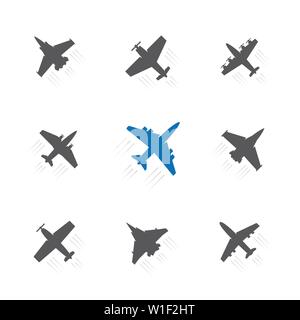 Set of different airplane with trace symbols. Aircraft, plane black silhouette. Stock Vector