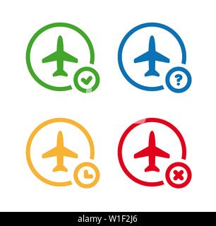Flight status icons. Airport information symbol set. On time, unknown, delayed, cancelled. Stock Vector