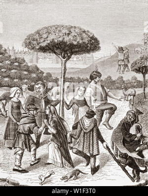 Peasant Dances of the May Feasts. After a miniature in a 15th century Prayer Book. Stock Photo