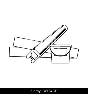 Construction saw and paint can with wooden planks in black and white Stock Vector
