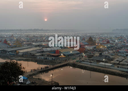 Evening view of the Allahabad Kumbh Mela, World’s largest religious gathering, Uttar Pradesh, India Stock Photo