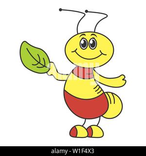 A cheerful beetle in a cartoon style holding a leaf of a tree. Color drawing. Vector illustration Stock Vector