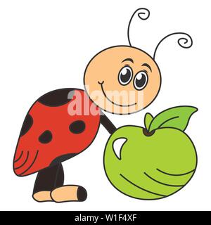 Cartoon ladybug holding an apple. Color drawing. Vector illustration Stock Vector