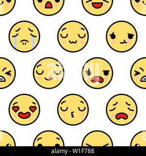 Seamless pattern with cute kawaii emoji faces. vector cartoon illustration Stock Vector