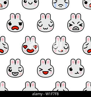 Seamless pattern with cute kawaii emoji rabbits. vector cartoon illustration Stock Vector
