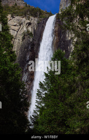 Portrait view Bridal Veil Falls in Yosemite National Park, California, USA Stock Photo