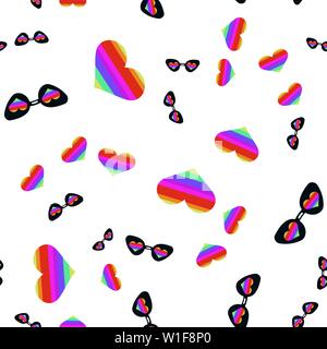 Seamless pattern of sunglasses and hearts. Vector illustration on white background. Stock Vector