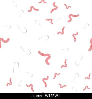 Seamless pattern of worms and hooks. Vector illustration on white background. Stock Vector