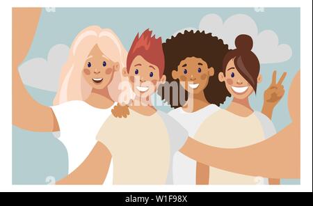 A group of four young girls taking a photo with a smartphone. Taking a selfie. Friendship concept. Vector illustration in flat cartoon style. Stock Vector