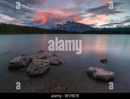 Sunset over Mount Rundle at Two Jack Lake, Banff National Park, Alberta, Canada Stock Photo