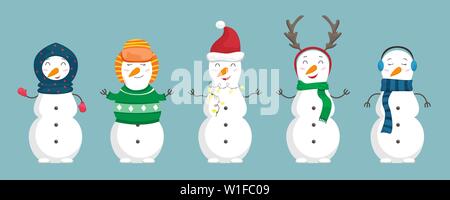 Set of snowmen in the Christmas clothes. Flat cartoon illustration Stock Vector