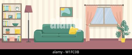 Cozy living room with sofa and bookcase. Flat interior. Pastel colors. Stock Vector