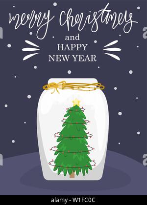 New year greeting card. Christmas tree with lights in a decorative jar. Merry Christmas and Happy New Year Stock Vector