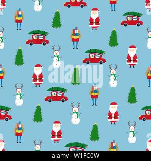 Christmas seamless pattern with Christmas trees, Santa Claus and snowmen. New Year pattern. Stock Vector