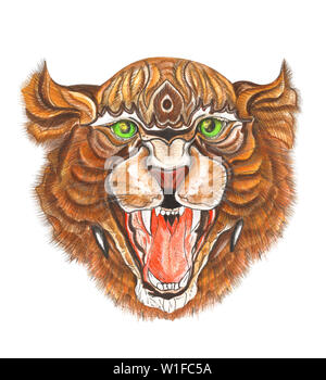 Illustration of a watercolor tiger head drawing in orange color with an open red mouth on an isolated white background. Stock Photo