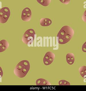 Seamless pattern of theatrical mask with astonished emotion. Vector illustration. Bronze mask with gradient on yellow background. Stock Vector