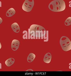 Seamless pattern of theatrical mask with sad emotion. Vector illustration. Bronze mask with gradient on red background. Stock Vector