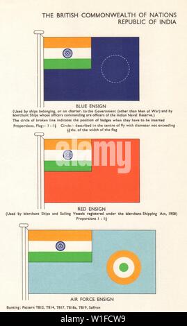 INDIA FLAGS. Republic of India. Blue Red Air Force Ensign. Naval Reserve 1964 Stock Photo