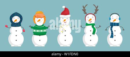 Set of snowmen in the Christmas clothes. Flat cartoon illustration Stock Vector