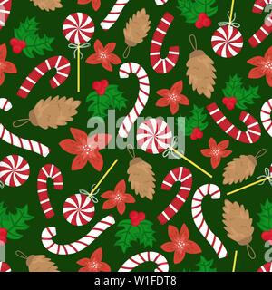 Flat cartoon new year seamless pattern. Lollipops; cones; red flowers Stock Vector
