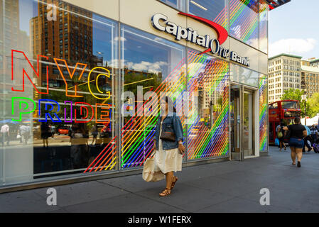 A branch of Capital One Bank in Union Square in New York is enthusiastically decorated for Stonewall 50/ Pride Month on Thursday, June 27, 2019.  (© Richard B. Levine) Stock Photo