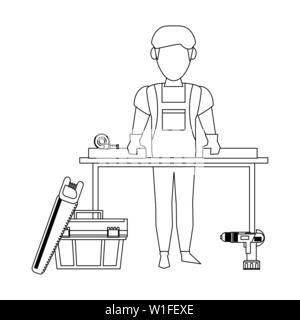 Carpenter working with wooden plank in black and white Stock Vector