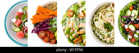 Collage of healthy salad. Greek salad, Pasta salad, Caesar salad, watermelon salad and Buddha bowl Stock Photo
