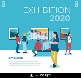 University expo exhibition with people icons infographics collection, digital vector advert Stock Vector