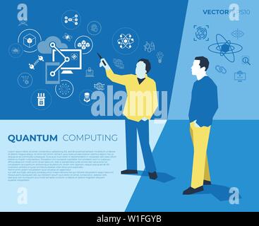 Quantum internet technology icons infographics with people, digital vector advert Stock Vector