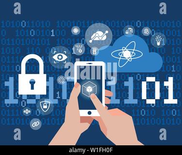 Quantum internet technology icons infographics with mobile phone, digital vector advert Stock Vector