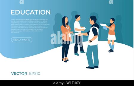 University expo exhibition with people icons infographics collection, digital vector advert Stock Vector