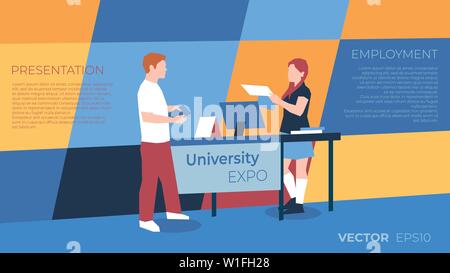 University expo exhibition with people icons infographics collection, digital vector advert Stock Vector