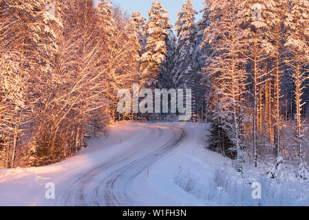 Snowy and icy road winding through winter forest landscape Stock Photo