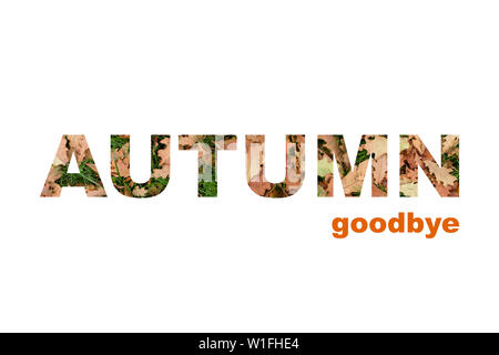 Phrase in capital letters of autumn leaves on a poster, autumn farewell Stock Photo
