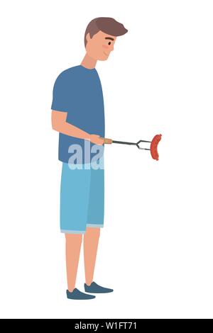 Man cartoon having picnic design, Food summer outdoor leisure healthy spring lunch and meal theme Vector illustration Stock Vector