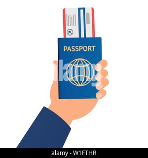 Passport in hand. Man holds in his hand the document. Passport for travel and tourism. Personal identification. Vector illustration, flat design style Stock Vector