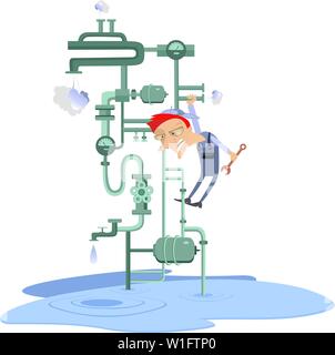 Breakdown, mechanic and pipe construction illustration. Cartoon mechanic with a big wrench repairs pipe construction to stop water flow Stock Vector