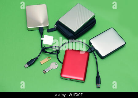 Digital memory external hard drives and small flesh drives Stock Photo